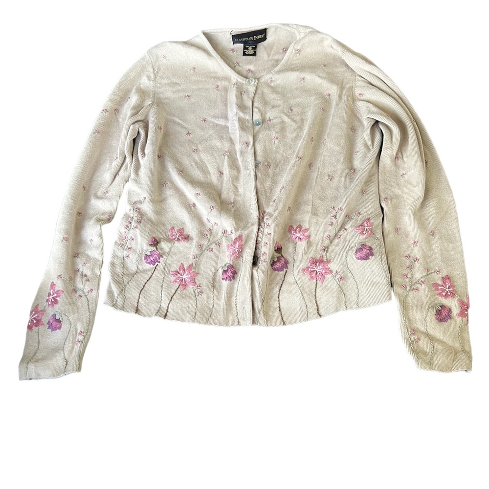 Classiques Entier Cardigan Floral Embroidered with Shell Buttons